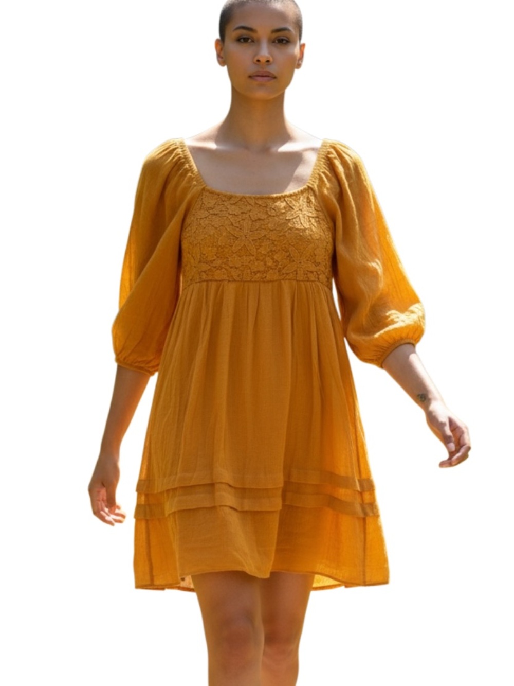 J Gee Square-Neck Puff Sleeve Mini Dress in Mustard
